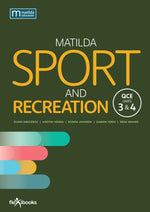 Front cover of the book 'Matilda Sport and Recreation' by Matilda Education and Flexbooks, featuring a dark olive green background with large yellow title text and abstract horizontal color bars near the bottom.